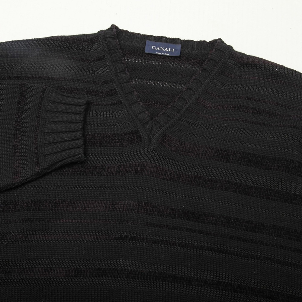 Canali Sweater Mens XL Black V Neck Open Knit Stripe Wool Blend Made Italy